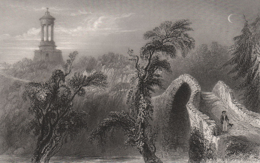 Robert Burns Cenotaph, from the Auld Brig O'Doon, Ayrshire. BARTLETT c1840